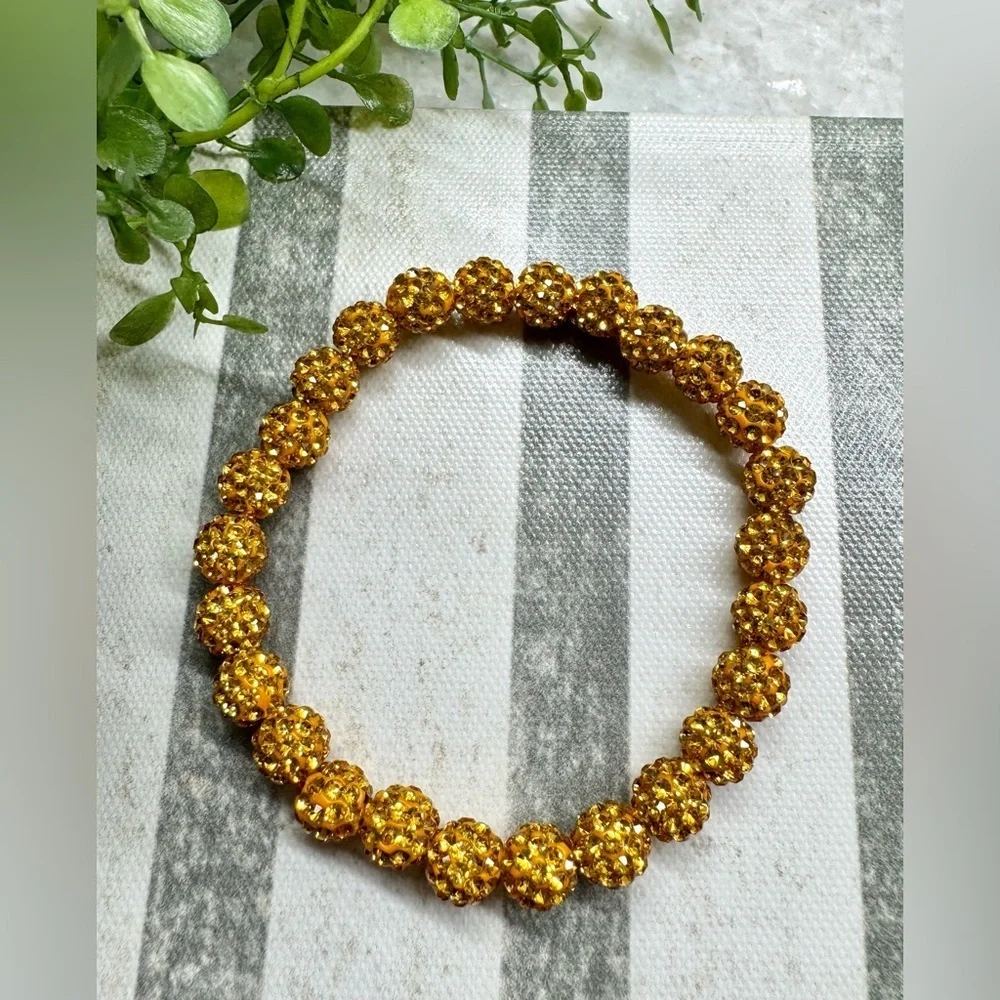 New Rustic MINI Gold Tone Crystal Ball 8mm Beaded Cuff Bracelet - 8”
